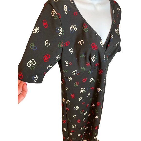 Esprit de Corp Vintage Wrap Style Black with Print Midi Dress Sz L - Picture 3 of 7